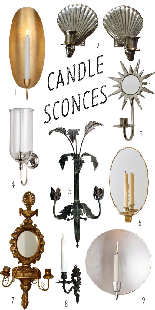 Wall decor Roundup featuring various candle sconces in gold and silver tones. Including vintage French, English cottage, regency, mid century, and modern inspired styles.